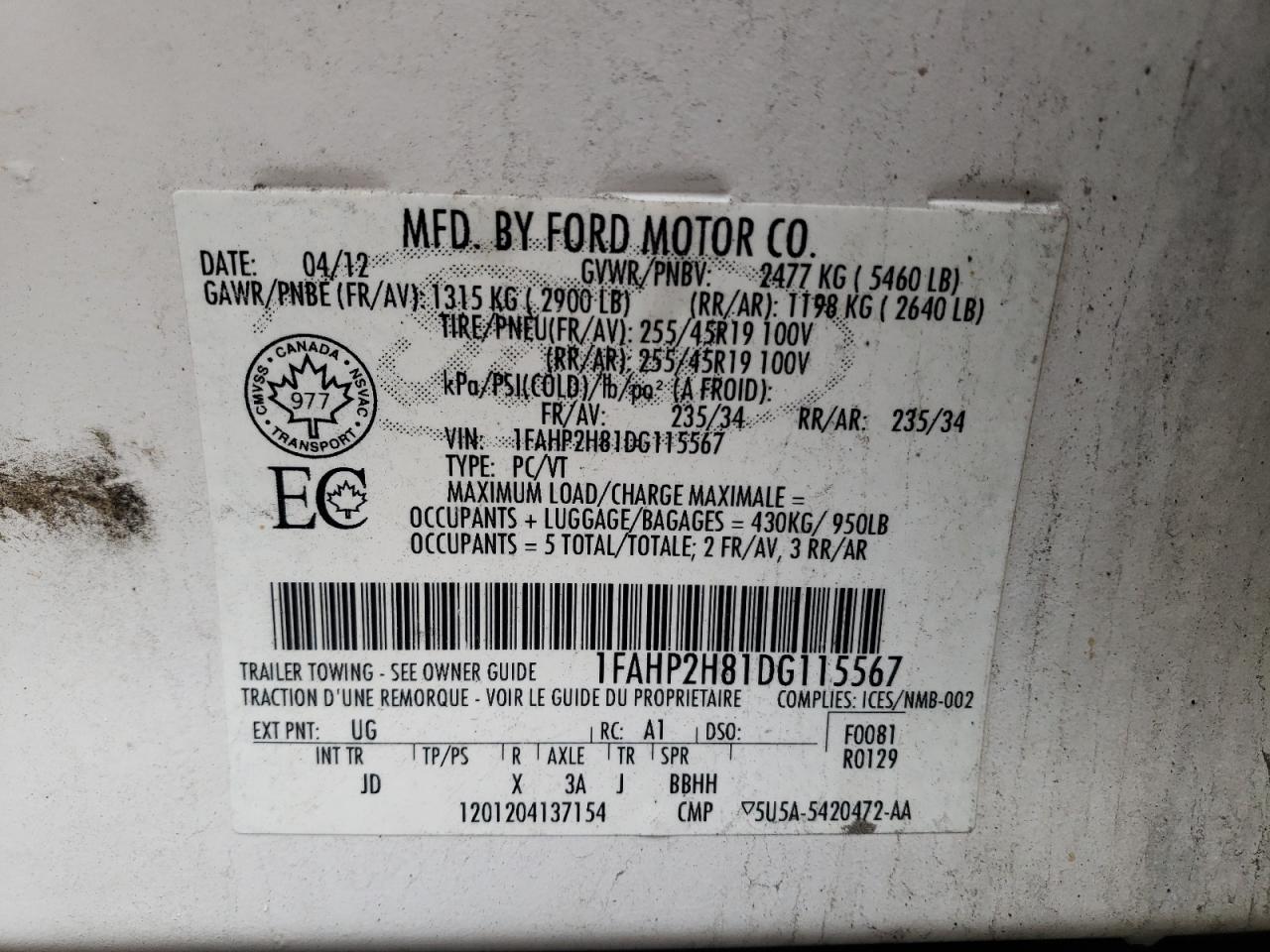 Photo 10 from auction – 2013 FORD TAURUS SEL with VIN 1FAHP2H81DG115567
