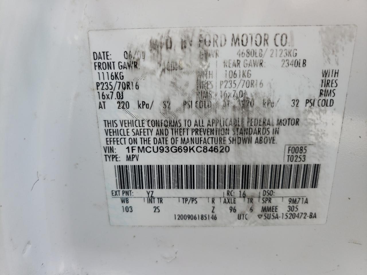 Photo 10 from auction – 2009 FORD ESCAPE XLT with VIN 1FMCU93G69KC84620