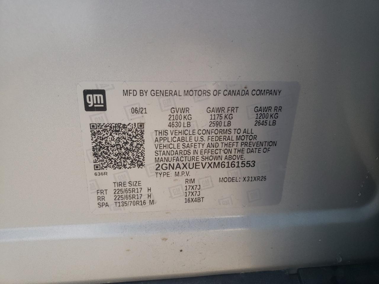 Photo 10 from auction – 2021 CHEVROLET EQUINOX LT with VIN 2GNAXUEVXM6161553