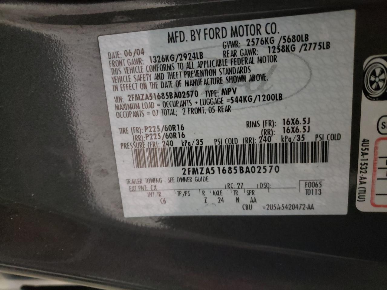 Photo 10 from auction – 2005 FORD FREESTAR S with VIN 2FMZA51685BA02570