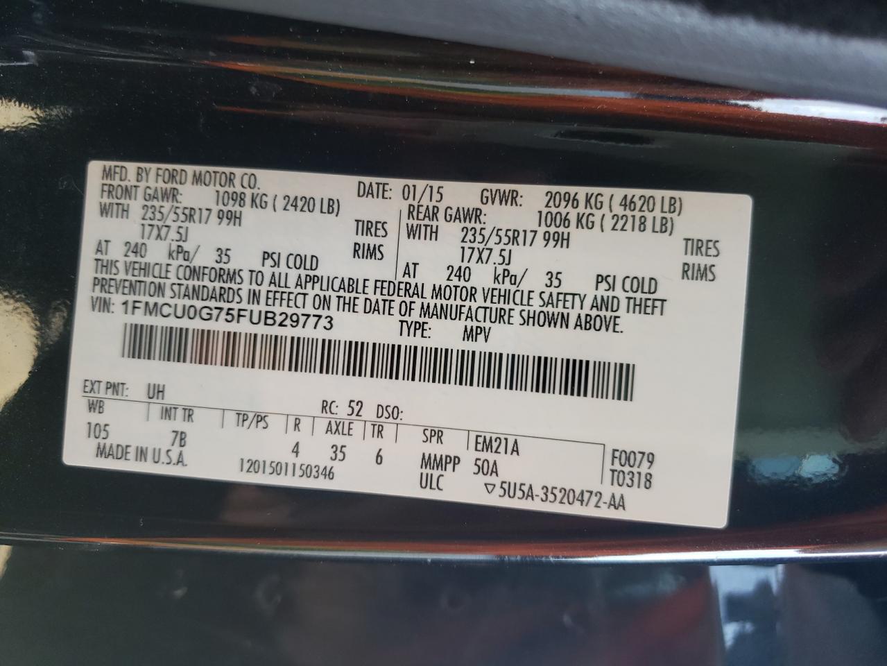 Photo 10 from auction – 2015 FORD ESCAPE SE with VIN 1FMCU0G75FUB29773