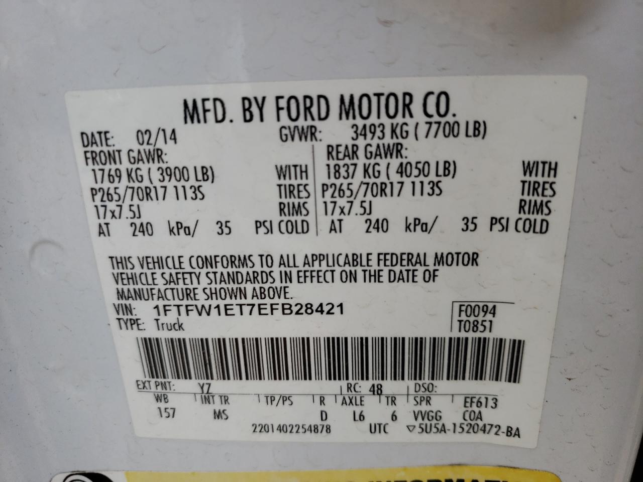 Photo 10 from auction – 2014 FORD F150 SUPER with VIN 1FTFW1ET7EFB28421