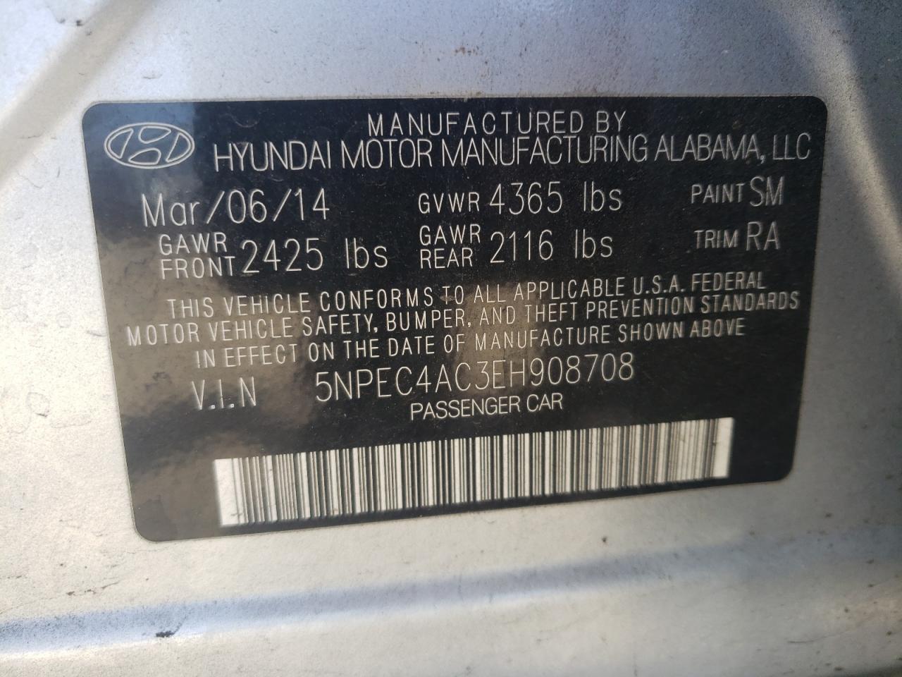 Photo 10 from auction – 2014 HYUNDAI SONATA SE with VIN 5NPEC4AC3EH908708