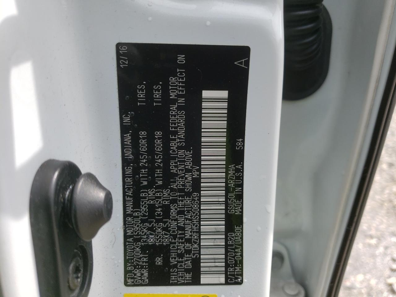 Фото 10 с аукциона – 2017 TOYOTA HIGHLANDER с VIN 5TDKZRFH5HS508649