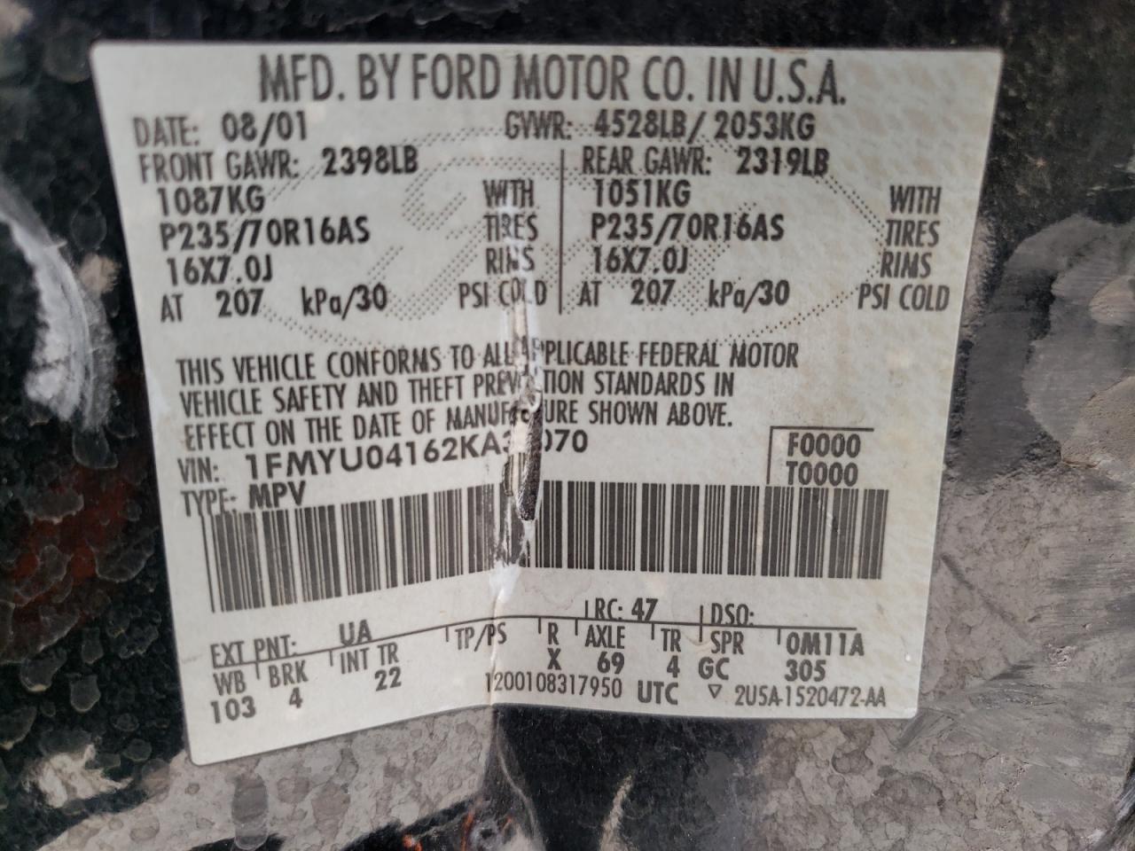 Photo 10 from auction – 2002 FORD ESCAPE XLT with VIN 1FMYU04162KA34070