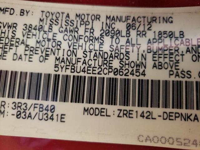 Photo 10 from auction – 2012 TOYOTA COROLLA BA with VIN 5YFBU4EE2CP062454