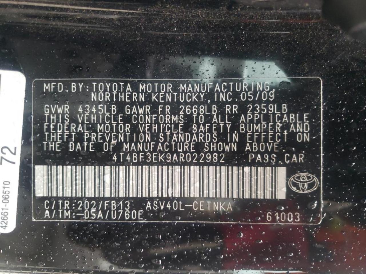 Photo 10 from auction – 2010 TOYOTA CAMRY BASE with VIN 4T4BF3EK9AR022982