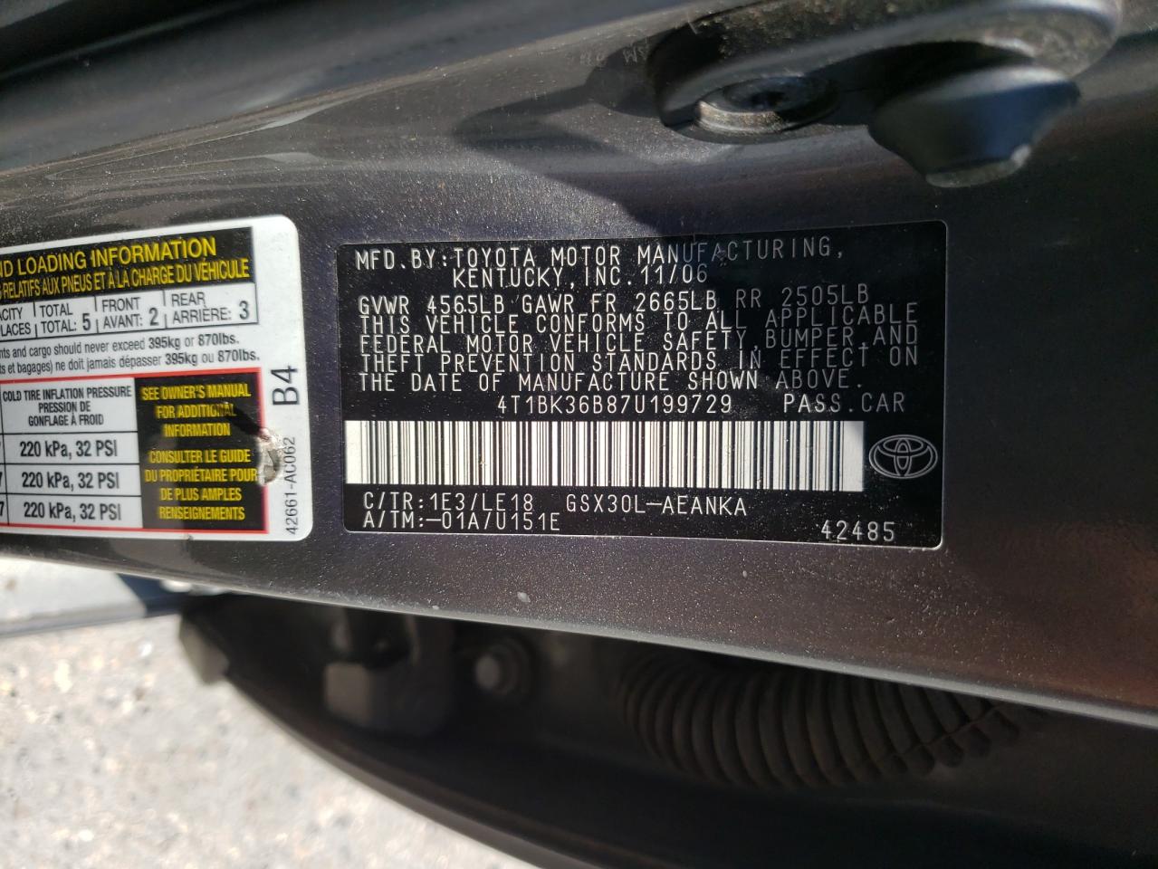 Photo 10 from auction – 2007 TOYOTA AVALON XL with VIN 4T1BK36B87U199729
