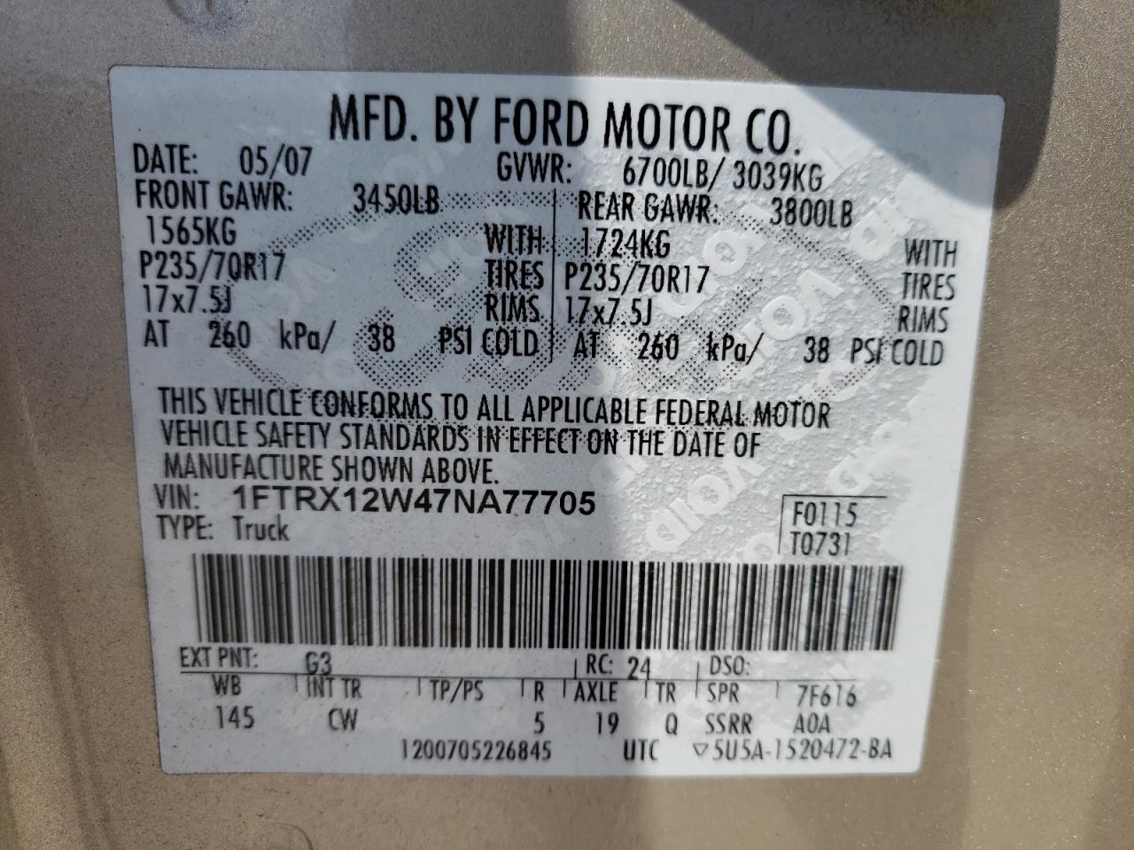 Photo 10 from auction – 2007 FORD F150 with VIN 1FTRX12W47NA77705