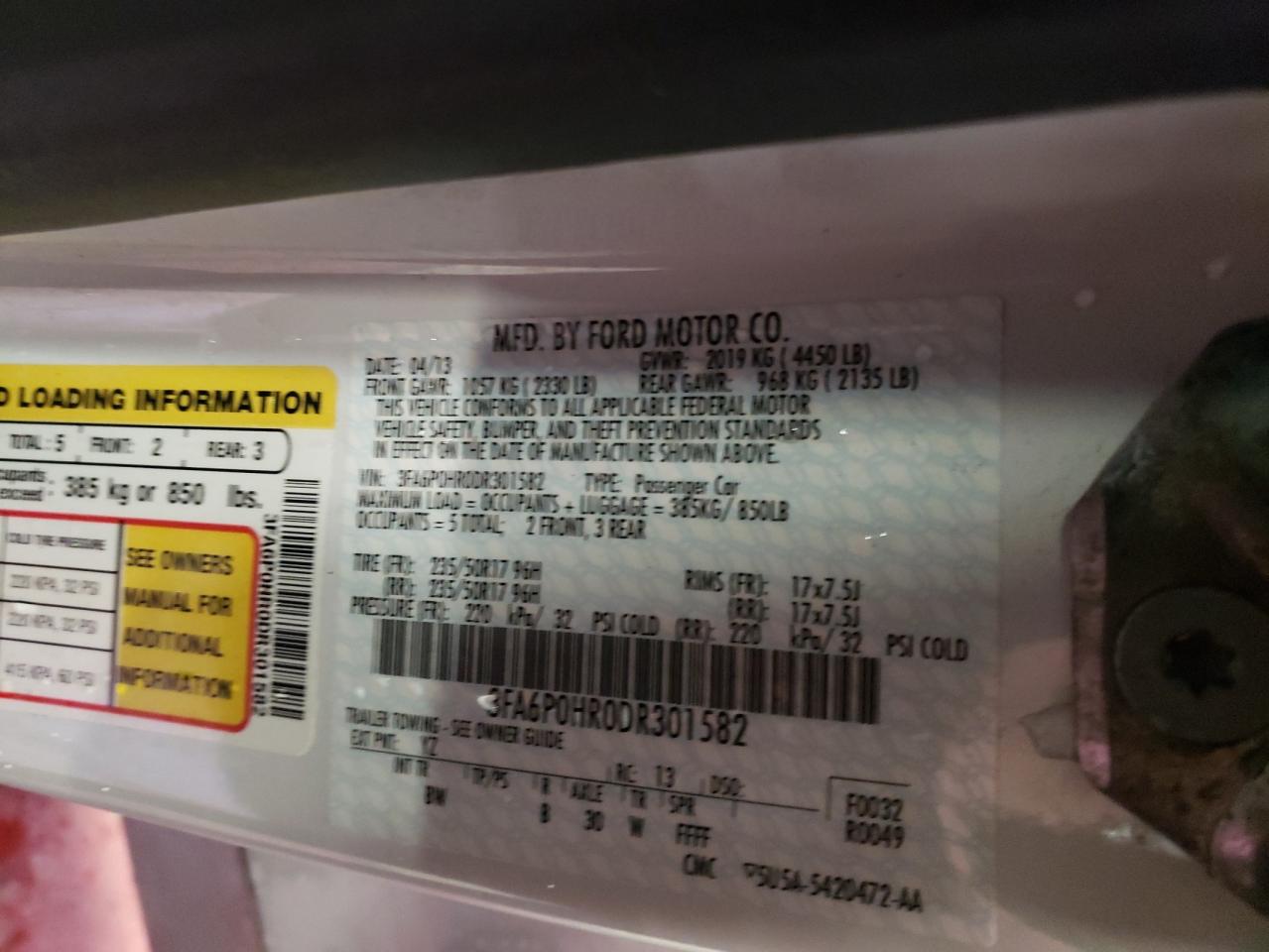 Photo 10 from auction – 2013 FORD FUSION SE with VIN 3FA6P0HR0DR301582