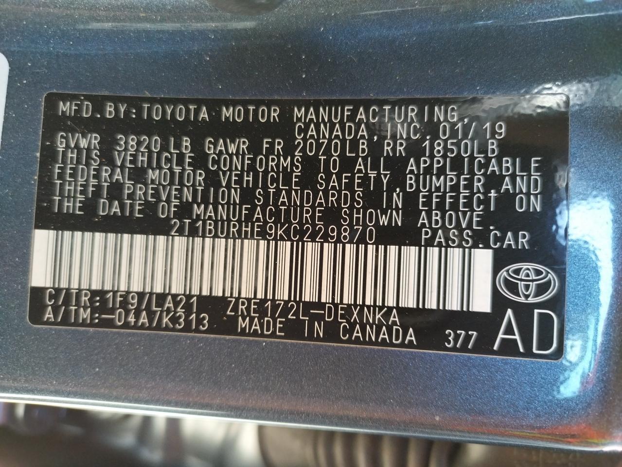 Photo 10 from auction – 2019 TOYOTA COROLLA L with VIN 2T1BURHE9KC229870