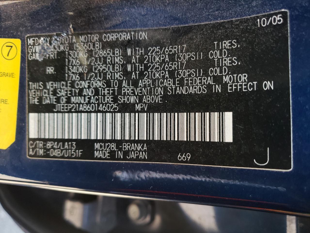 Photo 10 from auction – 2006 TOYOTA HIGHLANDER with VIN JTEEP21A860146025