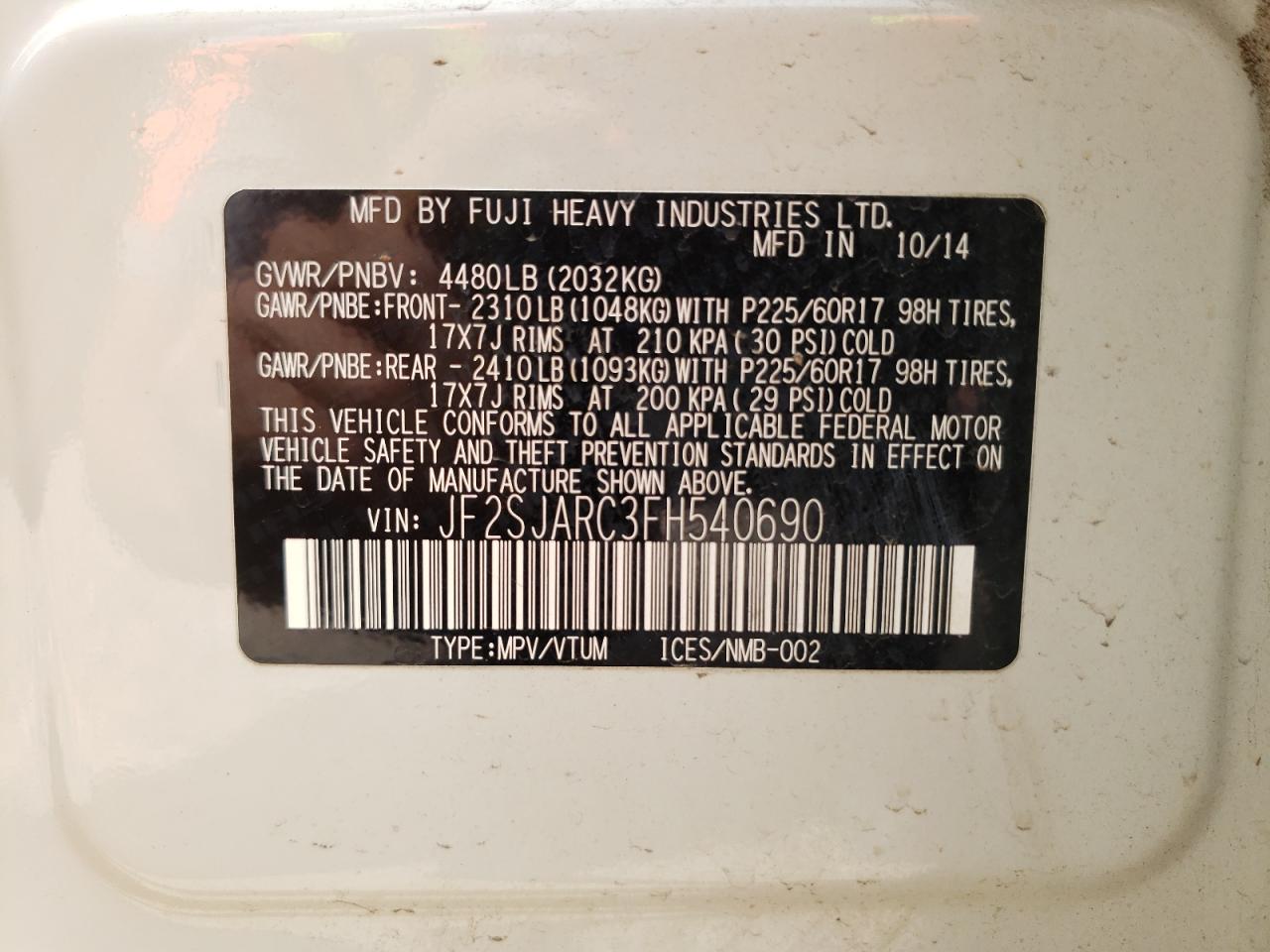 Photo 10 from auction – 2015 SUBARU FORESTER 2 with VIN JF2SJARC3FH540690