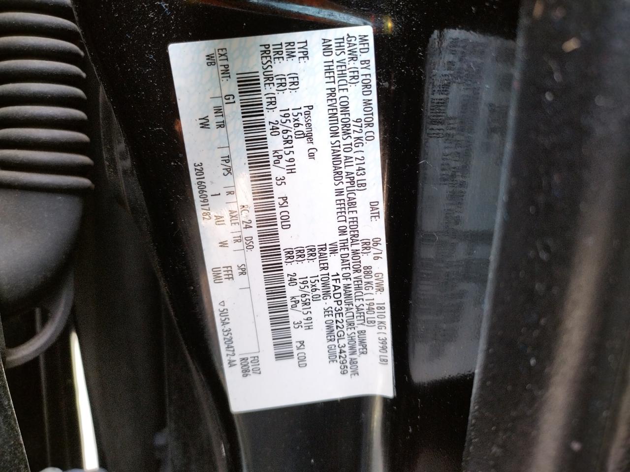 Photo 10 from auction – 2016 FORD FOCUS S with VIN 1FADP3E22GL342959