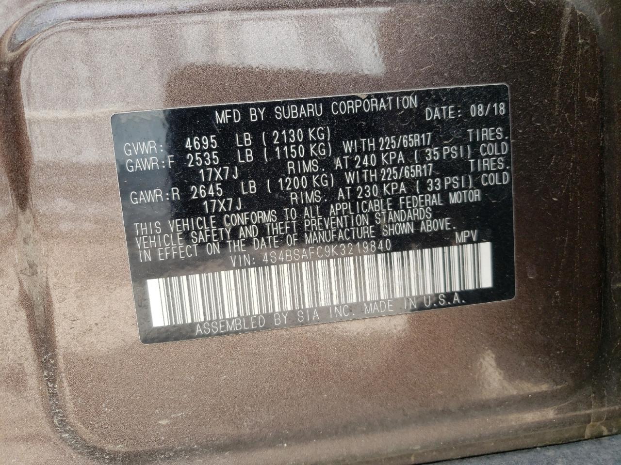 Photo 10 from auction – 2019 SUBARU OUTBACK 2. with VIN 4S4BSAFC9K3219840