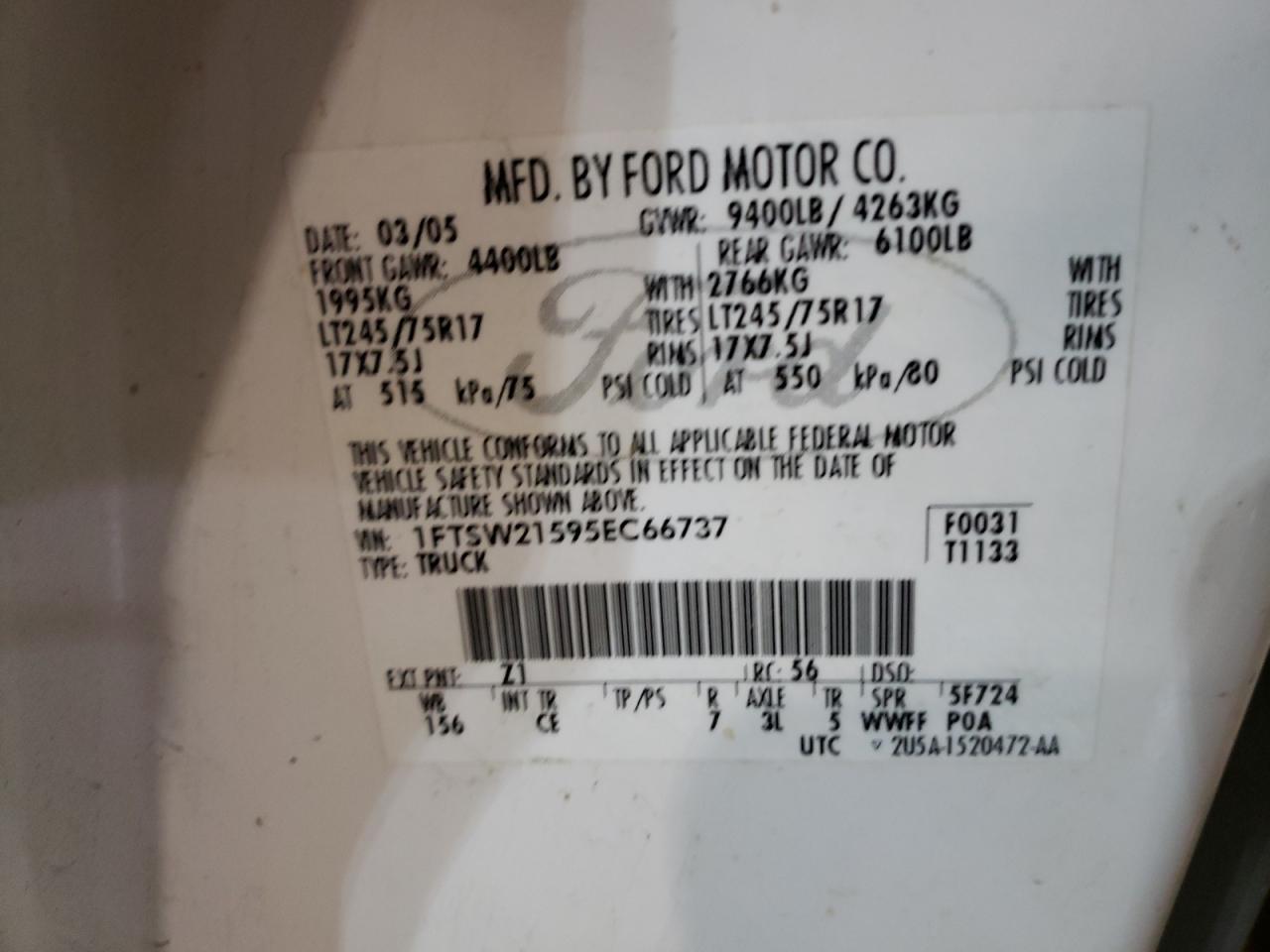 Photo 10 from auction – 2005 FORD F250 SUPER with VIN 1FTSW21595EC66737