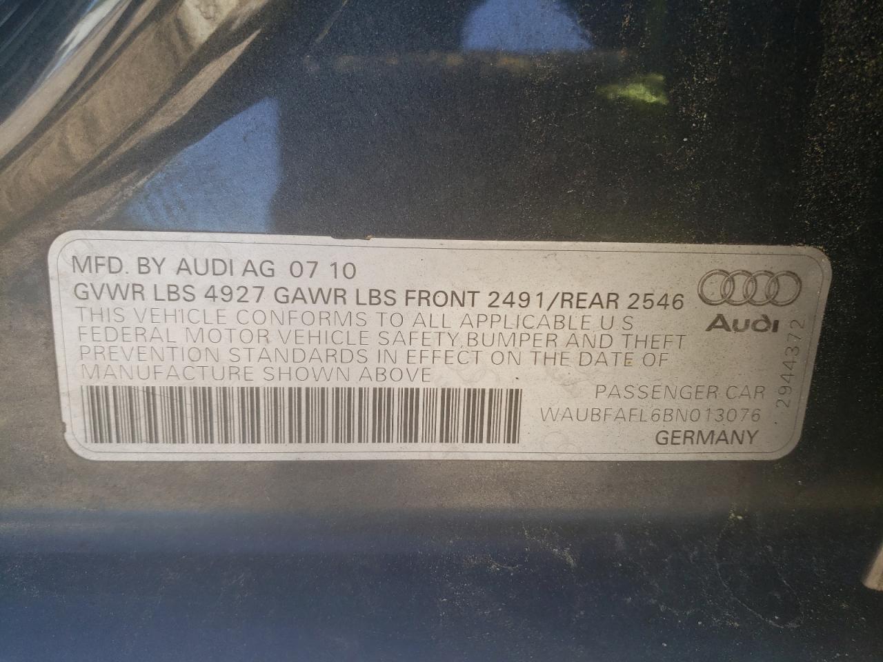 Photo 10 from auction – 2011 AUDI A4 PREMIUM with VIN WAUBFAFL6BN013076