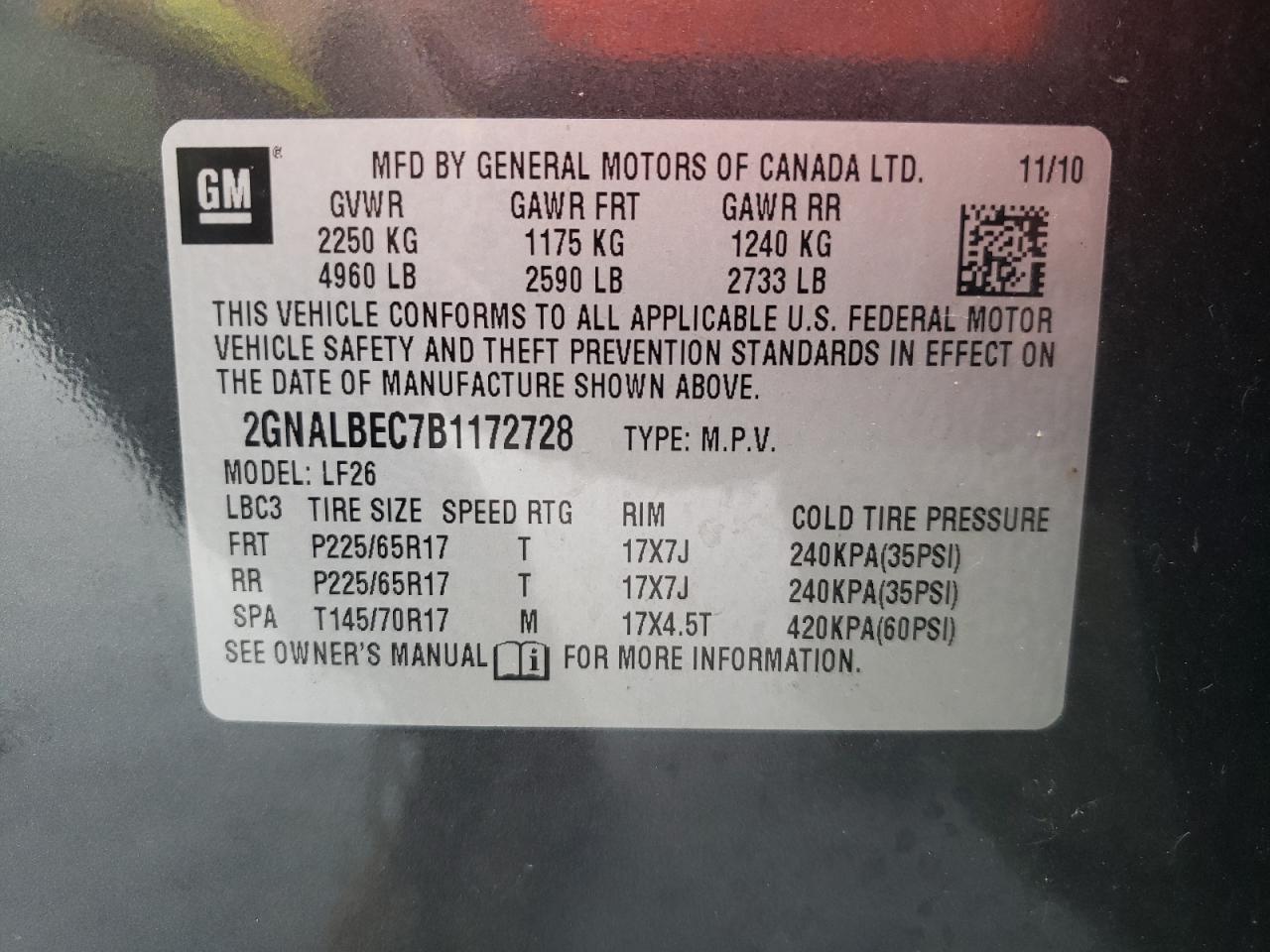 Photo 10 from auction – 2011 CHEVROLET EQUINOX LS with VIN 2GNALBEC7B1172728