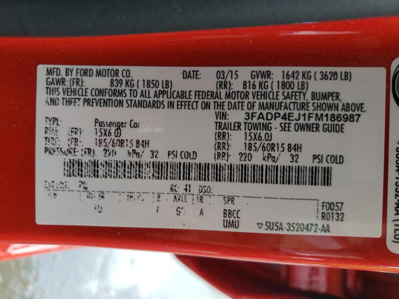 Photo 10 from auction – 2015 FORD FIESTA SE with VIN 3FADP4EJ1FM186987