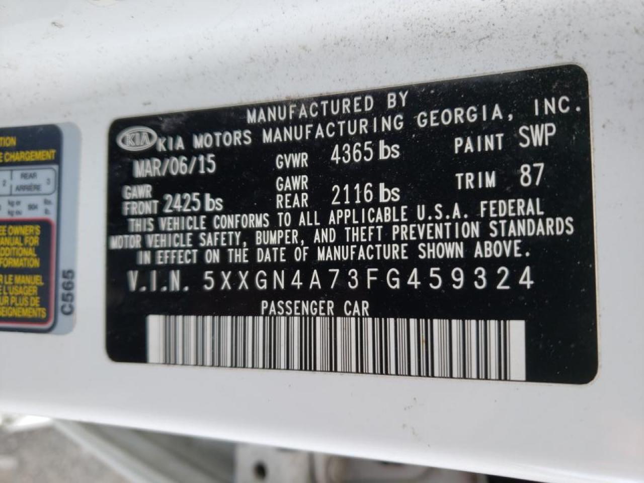 Photo 10 from auction – 2015 KIA OPTIMA EX with VIN 5XXGN4A73FG459324