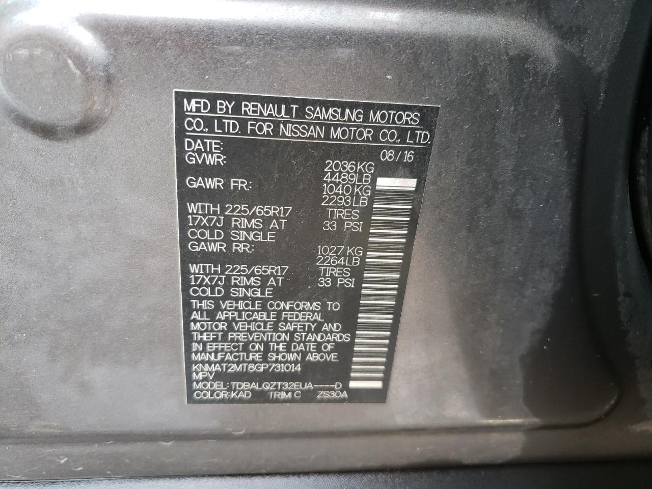 Photo 10 from auction – 2016 NISSAN ROGUE S with VIN KNMAT2MT8GP731014