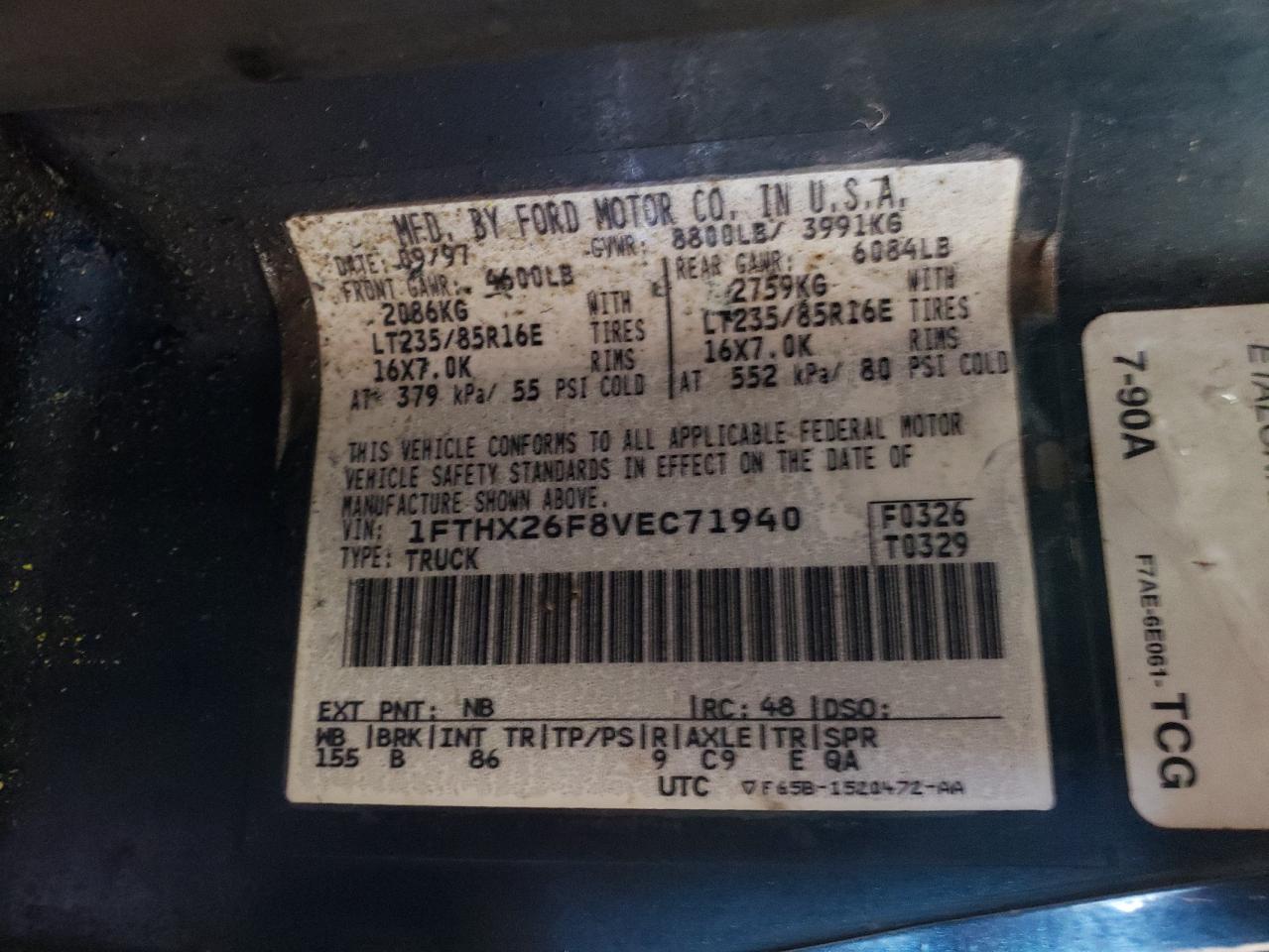 Photo 10 from auction – 1997 FORD F250 with VIN 1FTHX26F8VEC71940