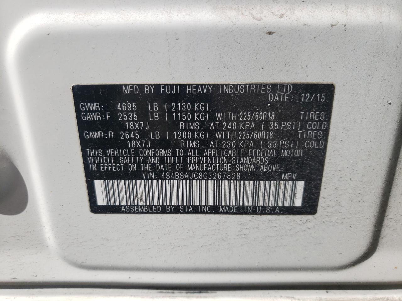 Снимка 10 от търг – 2016 SUBARU OUTBACK 2. с VIN 4S4BSAJC8G3267828