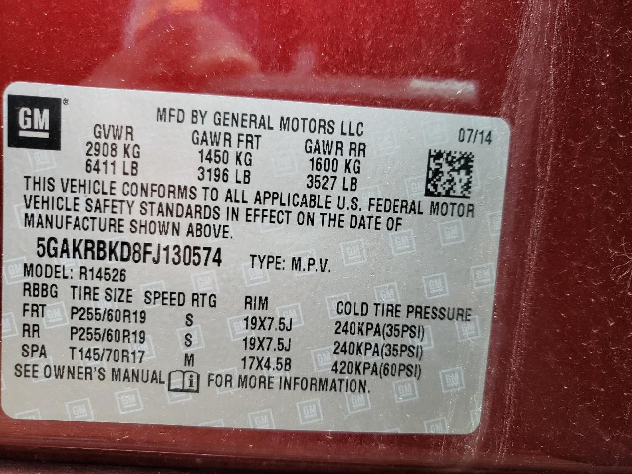 Photo 10 from auction – 2015 BUICK ENCLAVE with VIN 5GAKRBKD8FJ130574