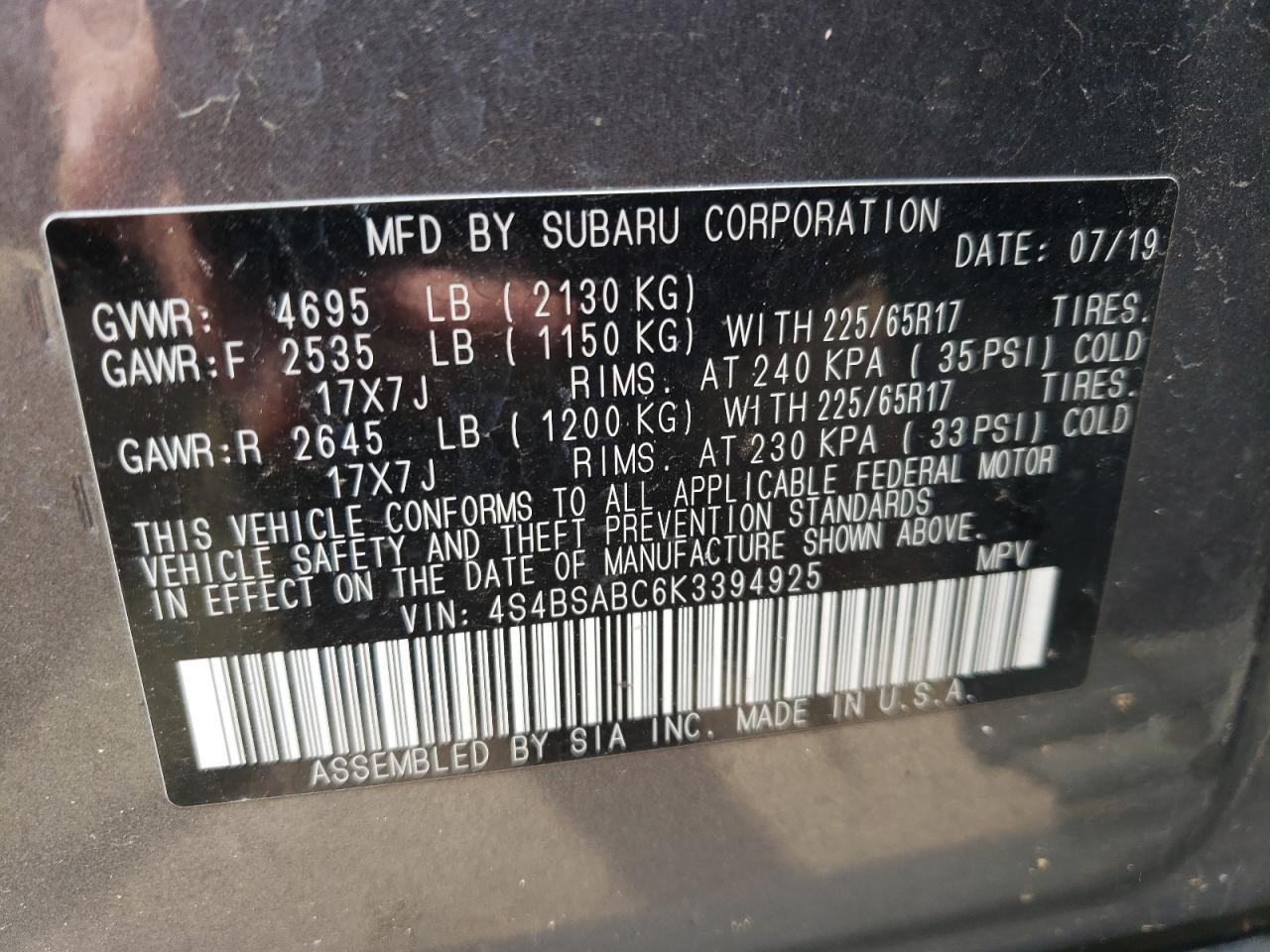 Photo 10 from auction – 2019 SUBARU OUTBACK 2. with VIN 4S4BSABC6K3394925