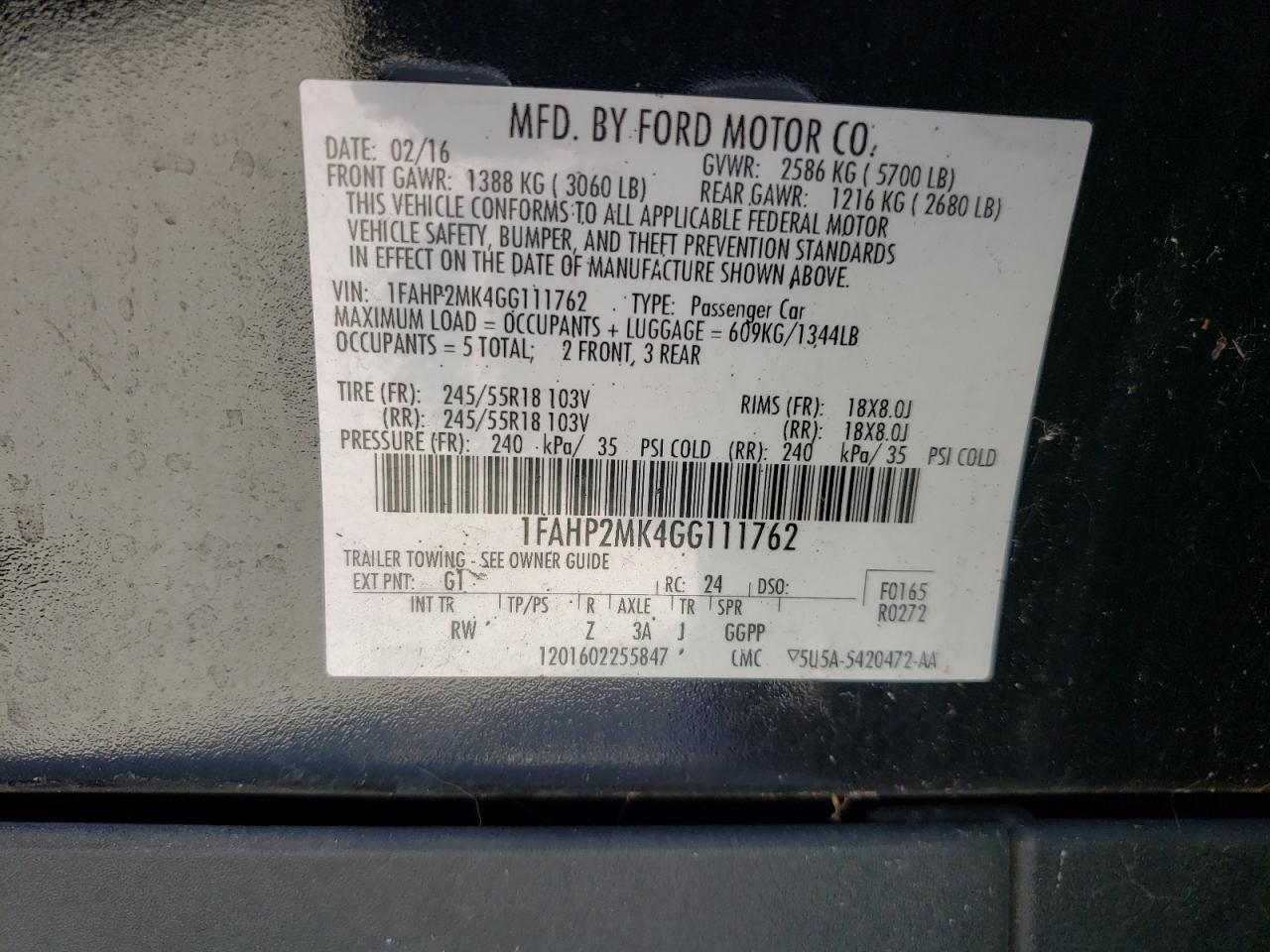 Photo 10 from auction – 2016 FORD TAURUS POL with VIN 1FAHP2MK4GG111762