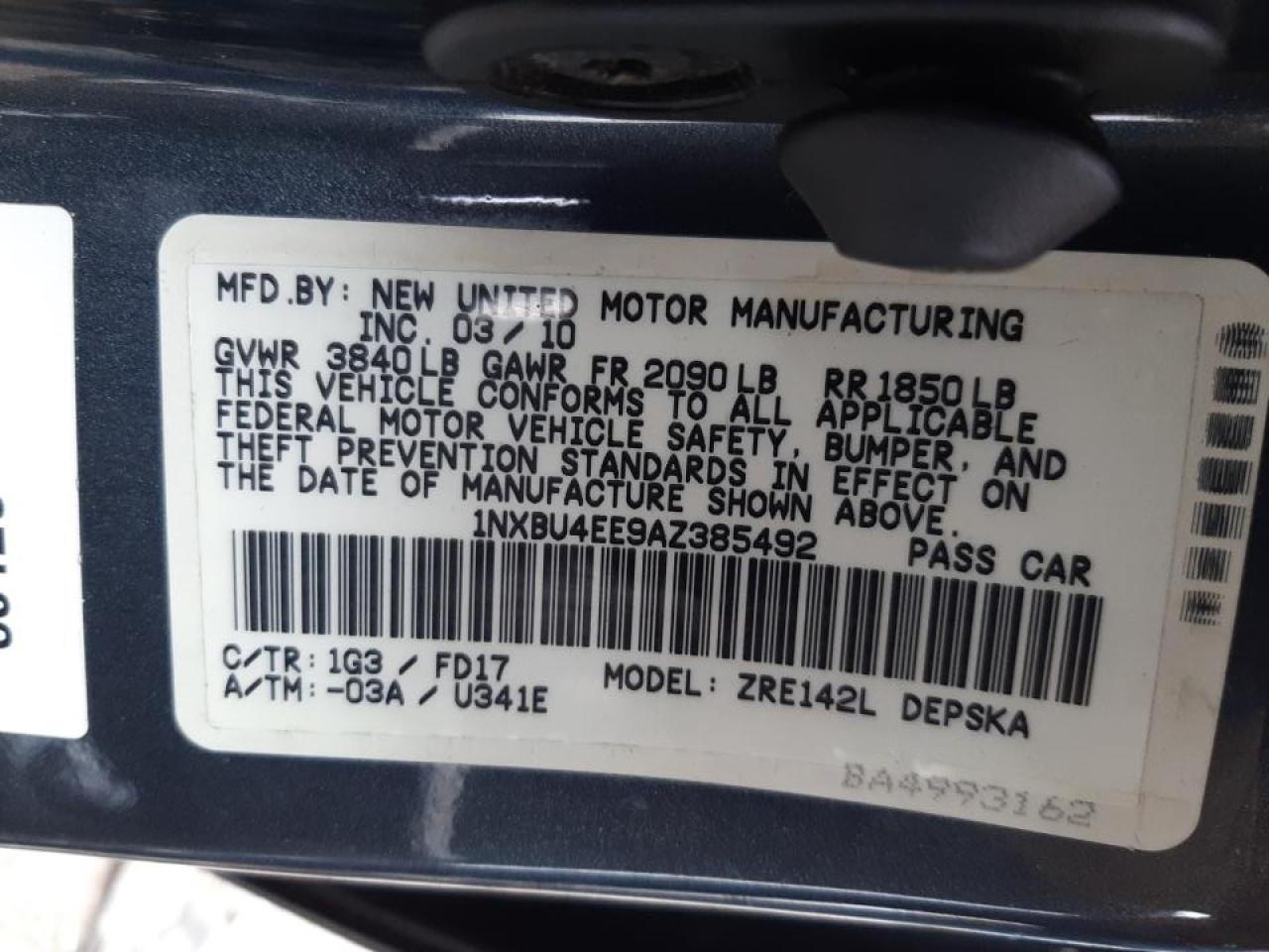 Photo 10 from auction – 2010 TOYOTA COROLLA BA with VIN 1NXBU4EE9AZ385492