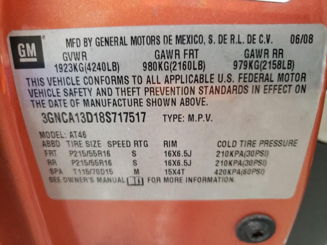 Photo 10 from auction – 2008 CHEVROLET HHR LS with VIN 3GNCA13D18S717517