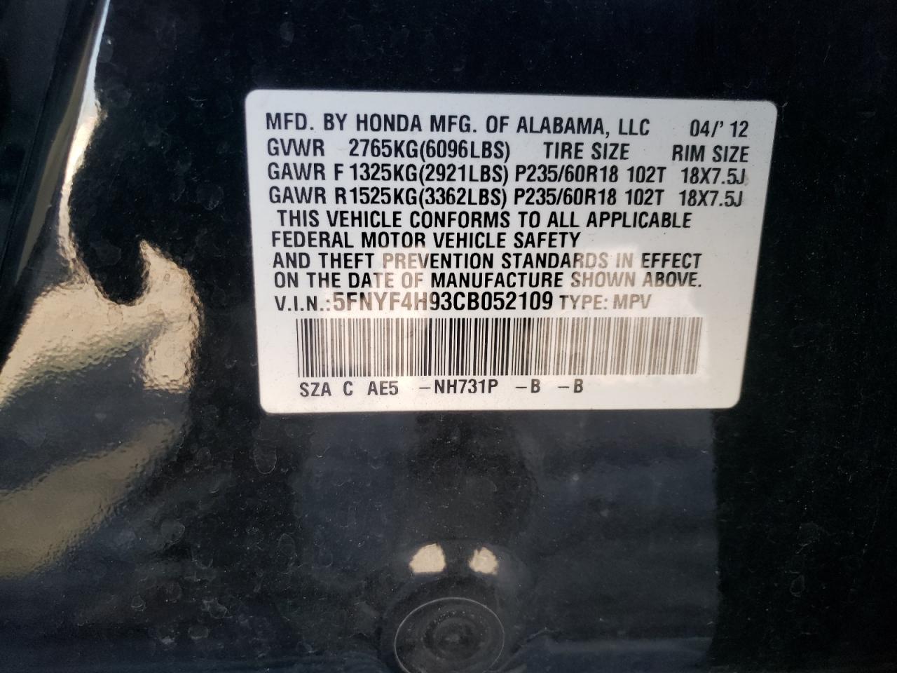 Photo 10 from auction – 2012 HONDA PILOT TOUR with VIN 5FNYF4H93CB052109