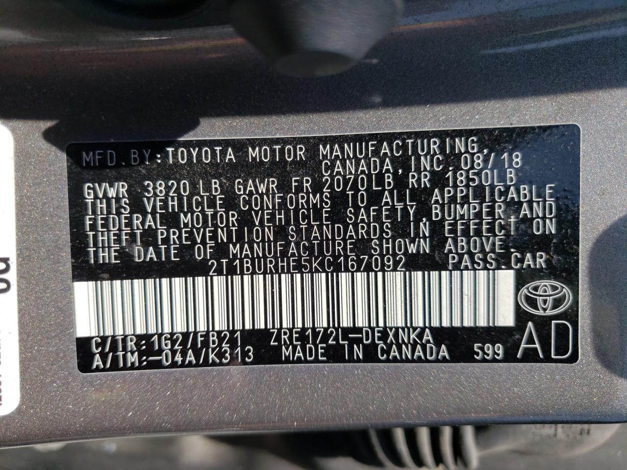Photo 10 from auction – 2019 TOYOTA COROLLA L with VIN 2T1BURHE5KC167092