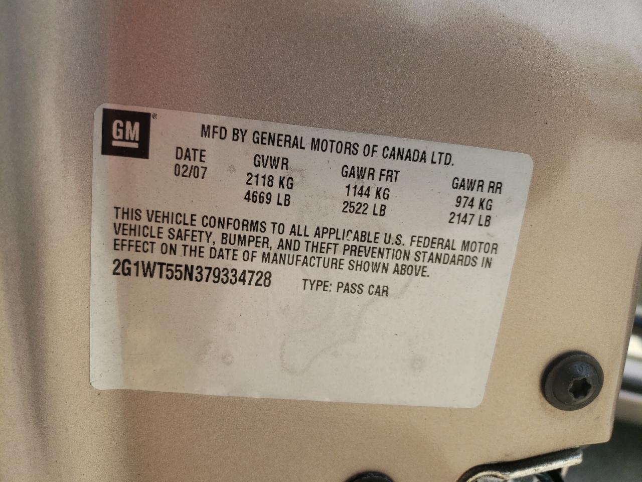 Photo 10 from auction – 2007 CHEVROLET IMPALA LT with VIN 2G1WT55N379334728