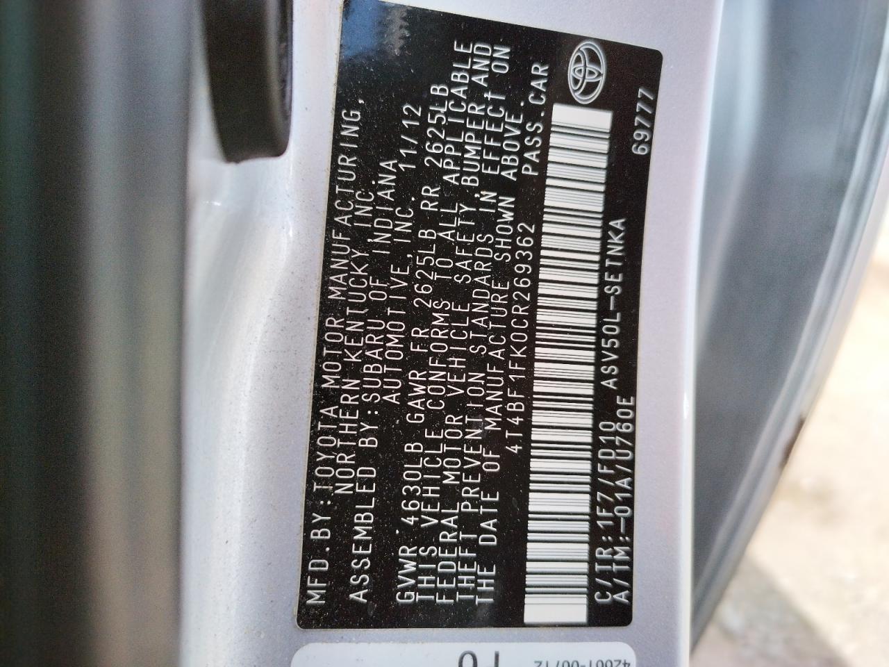 Photo 10 from auction – 2012 TOYOTA CAMRY BASE with VIN 4T4BF1FK0CR269362