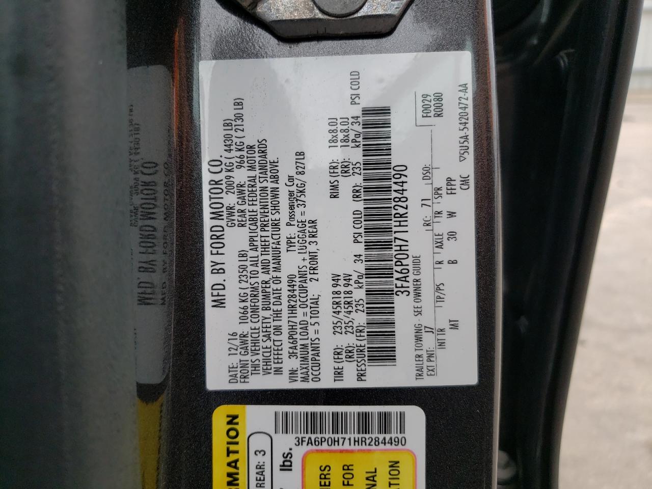 Photo 10 from auction – 2017 FORD FUSION SE with VIN 3FA6P0H71HR284490