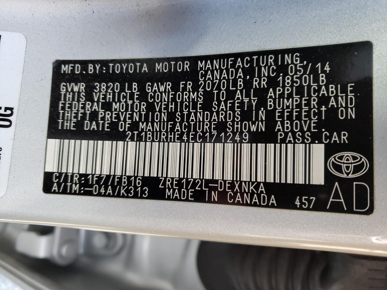 Photo 10 from auction – 2014 TOYOTA COROLLA L with VIN 2T1BURHE4EC171249