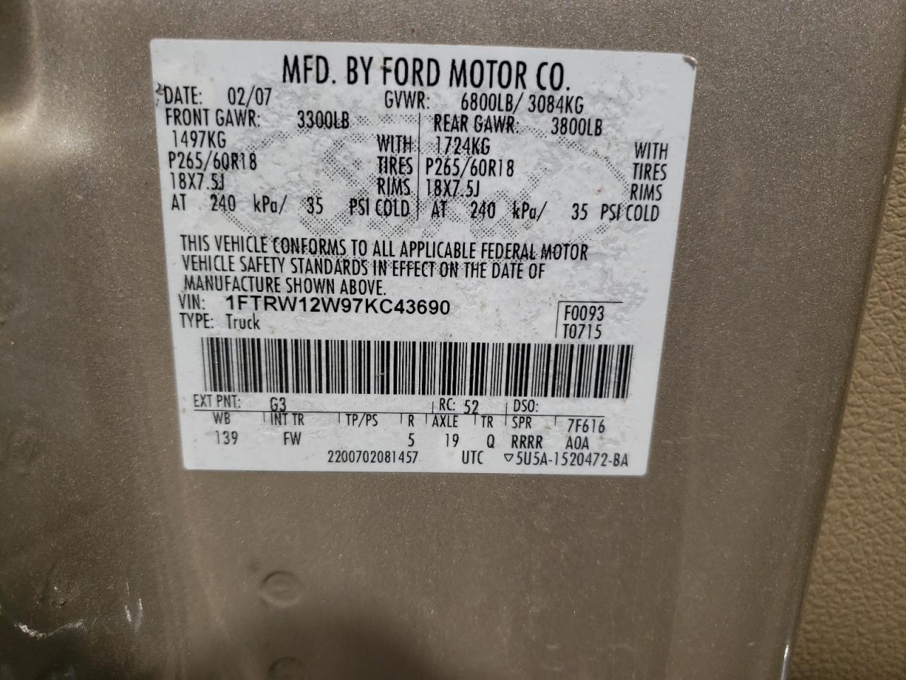Photo 10 from auction – 2007 FORD F150 SUPER with VIN 1FTRW12W97KC43690