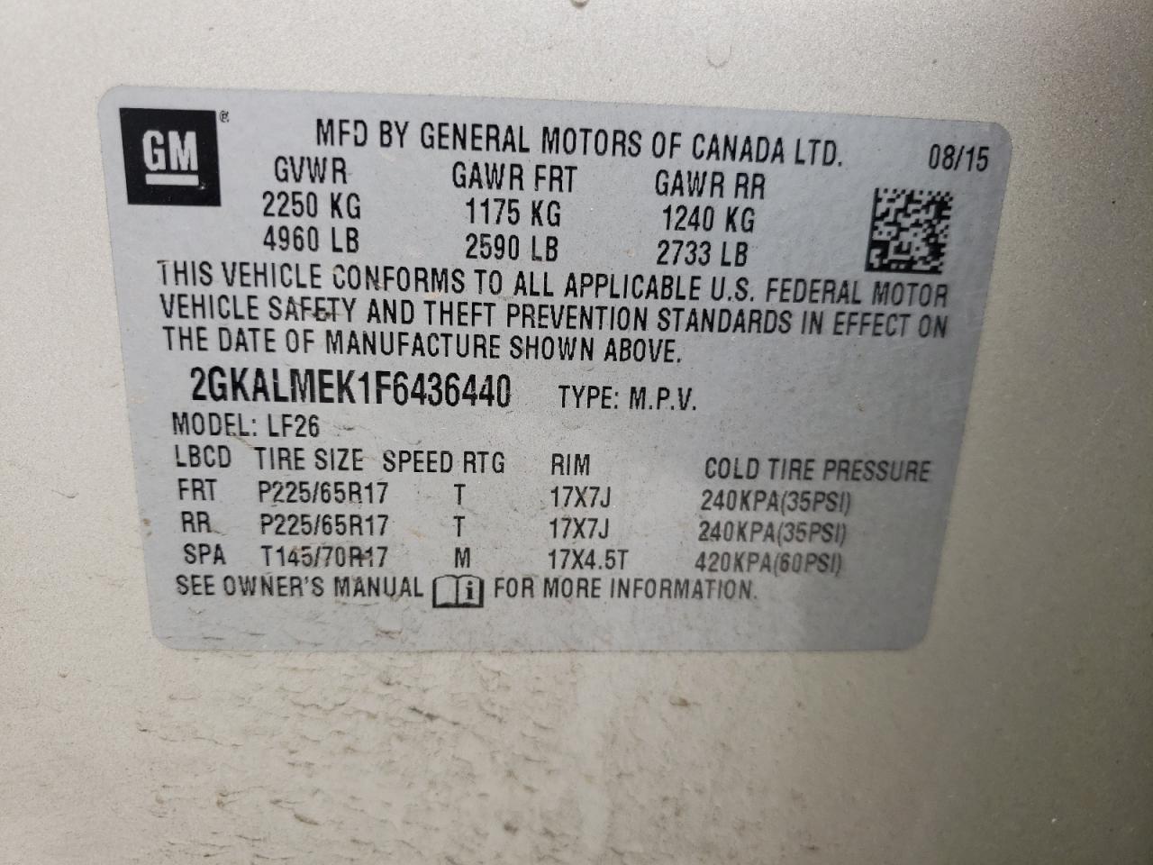 Photo 10 from auction – 2015 GMC TERRAIN SL with VIN 2GKALMEK1F6436440
