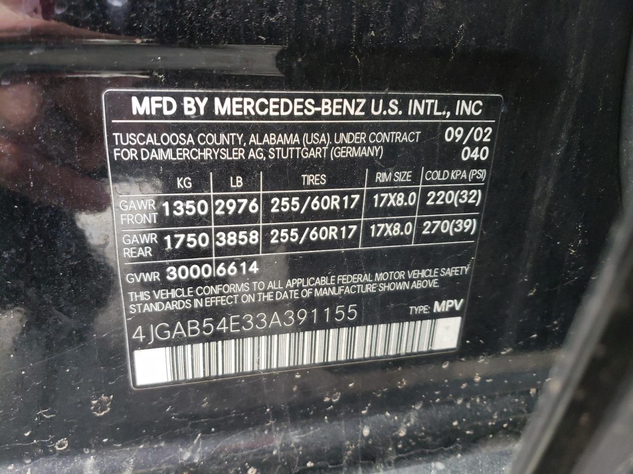 Photo 10 from auction – 2003 MERCEDES-BENZ ML 320 with VIN 4JGAB54E33A391155