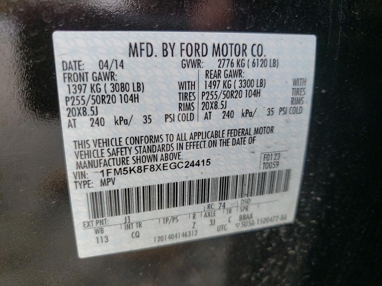 Photo 10 from auction – 2014 FORD EXPLORER L with VIN 1FM5K8F8XEGC24415