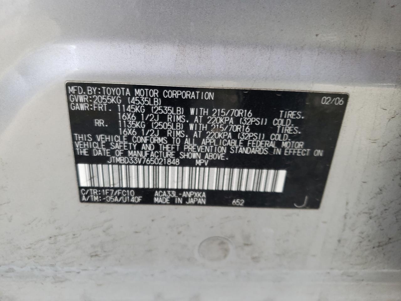 Photo 10 from auction – 2006 TOYOTA RAV4 with VIN JTMBD33V765021848