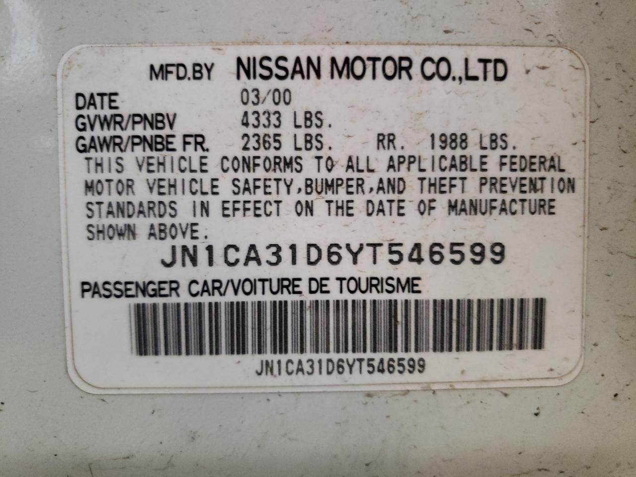 Photo 10 from auction – 2000 NISSAN MAXIMA GLE with VIN JN1CA31D6YT546599