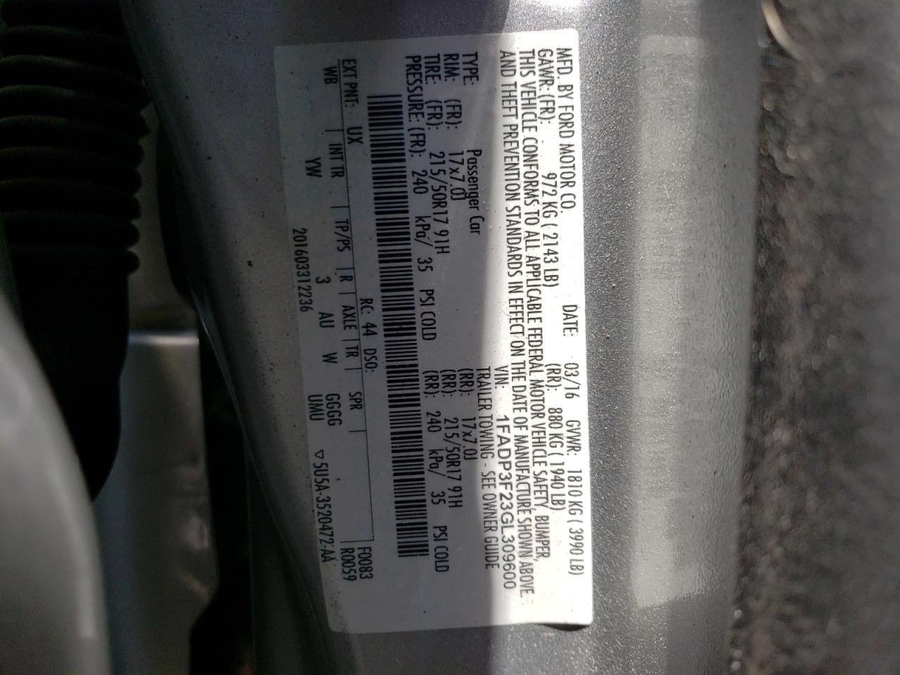 Photo 10 from auction – 2016 FORD FOCUS SE with VIN 1FADP3F23GL309600
