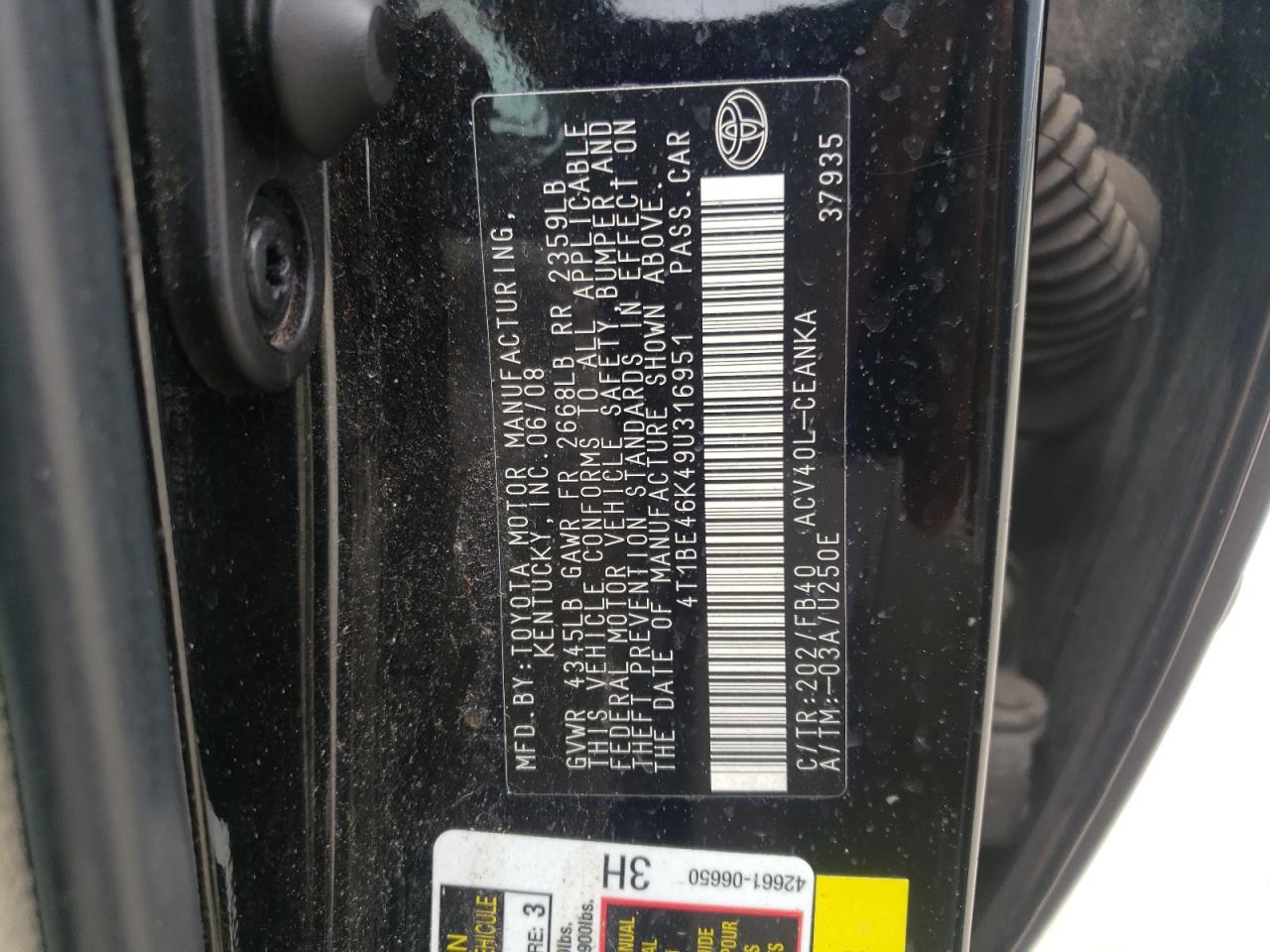 Photo 10 from auction – 2009 TOYOTA CAMRY BASE with VIN 4T1BE46K49U316951