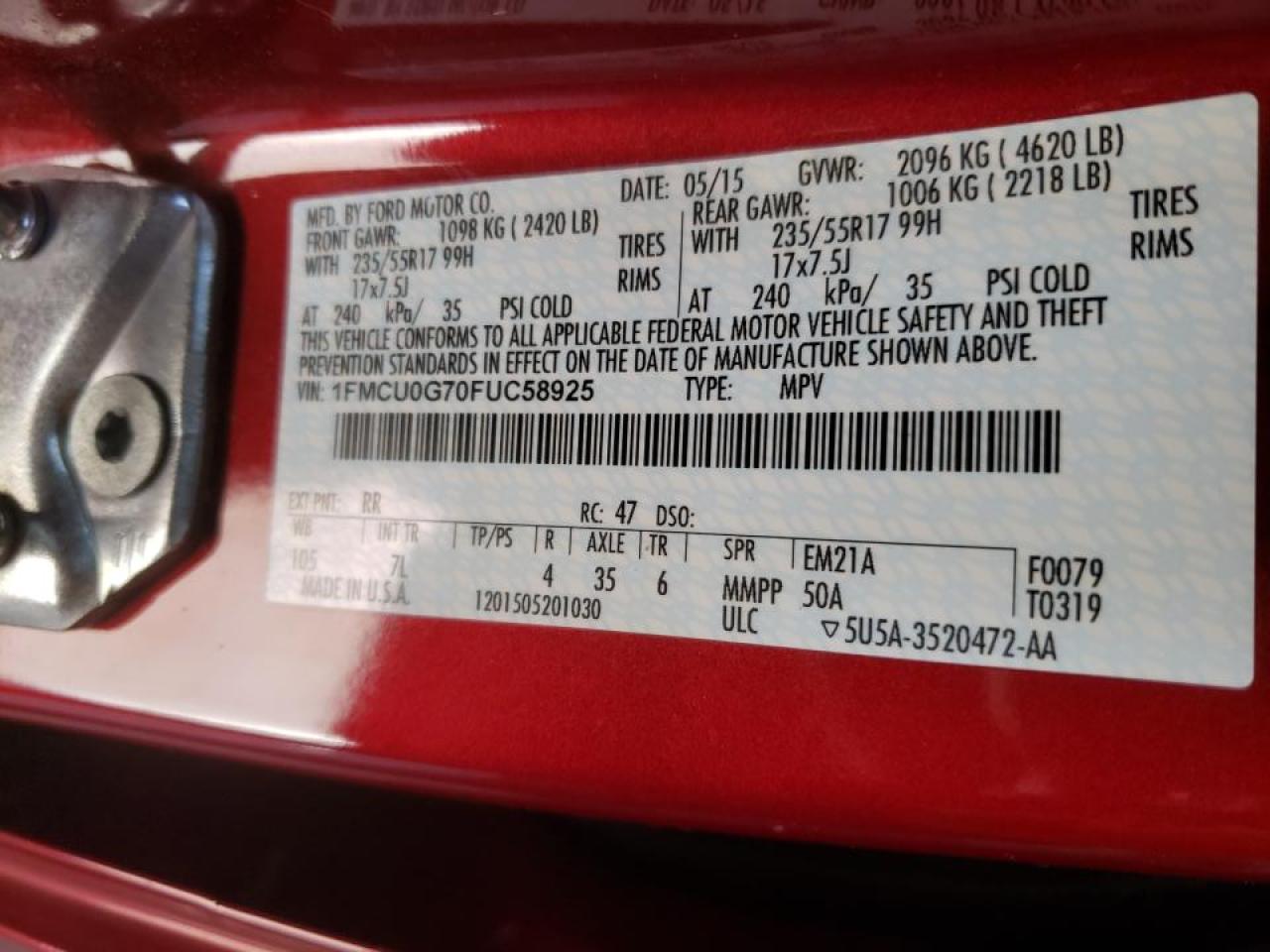 Photo 10 from auction – 2015 FORD ESCAPE SE with VIN 1FMCU0G70FUC58925