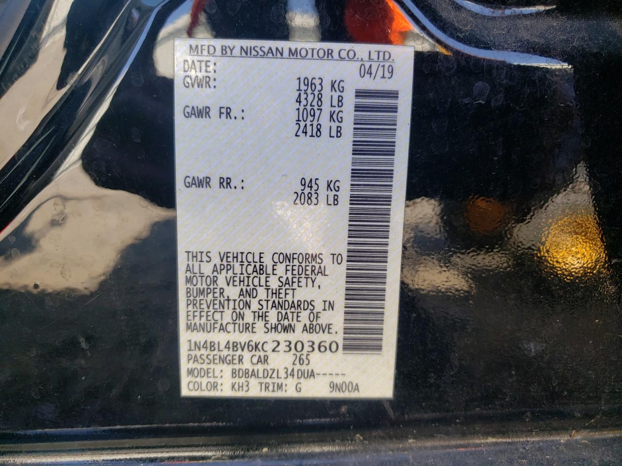 Photo 11 from auction – 2019 NISSAN ALTIMA S with VIN 1N4BL4BV6KC230360