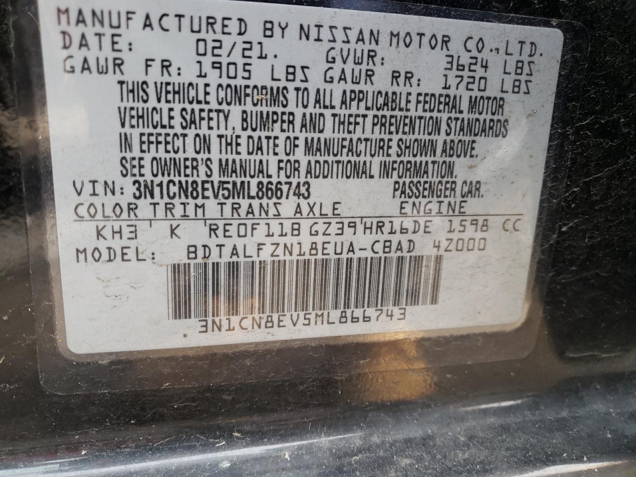 Photo 10 from auction – 2021 NISSAN VERSA SV with VIN 3N1CN8EV5ML866743