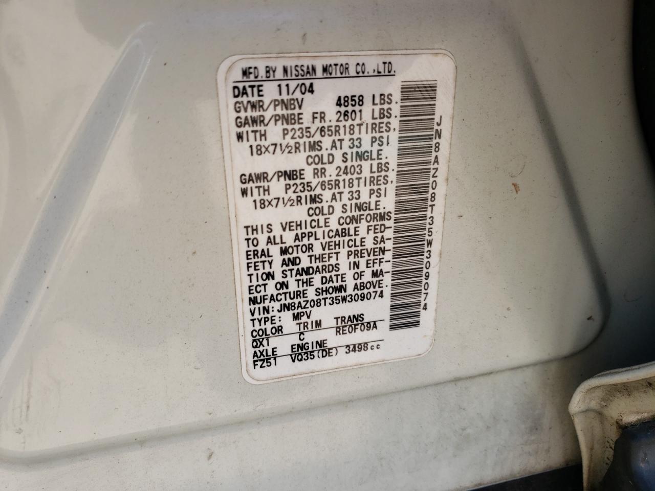 Photo 10 from auction – 2005 NISSAN MURANO SL with VIN JN8AZ08T35W309074